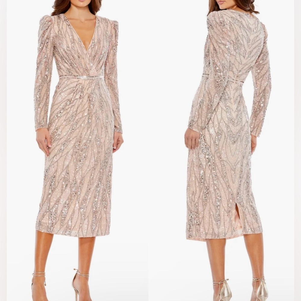 Mac Duggal Sparkling Sequin Midi Dress In Silver And Cream